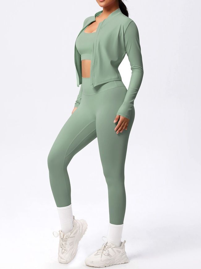 Trzyczęściowy komplet "Basic Fit Long" - legginsy, top, rashguard, damski kostium sportowy do fitnessu, (pistacjowy), L