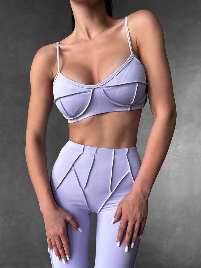 Women's push-up sports top for fitness with removable cups and external seams, Sculpt Bra, (lavender), S