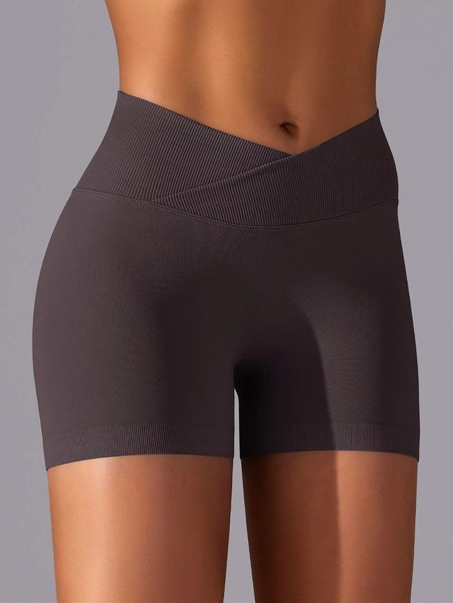Women's seamless sports shorts with push-up for fitness with V-belt, V-shape, (brown), S
