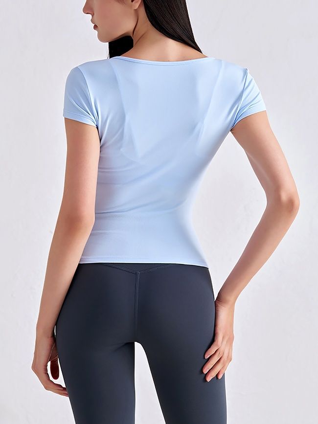 Women's sports T-shirt for fitness with a wide neck, Second Skin, (light blue), S