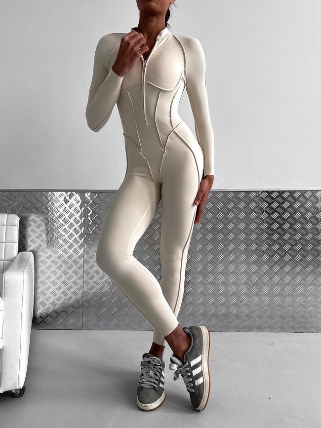 Damski długi sportowy kombinezon fitness na zamek z zewnętrznymi szwami, Sculpt Prime, (szampański), S