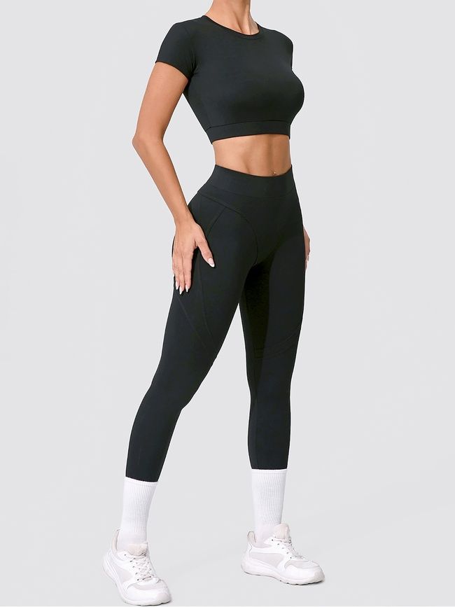 Damski sportowy zestaw do fitnessu z imitacją bielizny, top i legginsy z push-up, Crush Set, (czarny), S
