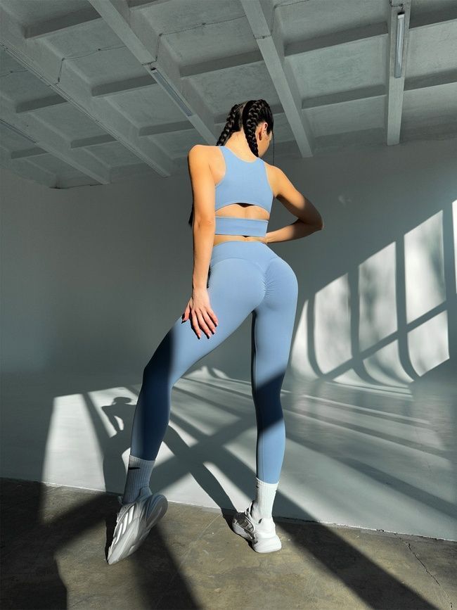 Women's sports leggings with push-up and V-shaped belt, Balance, (gray-blue), S