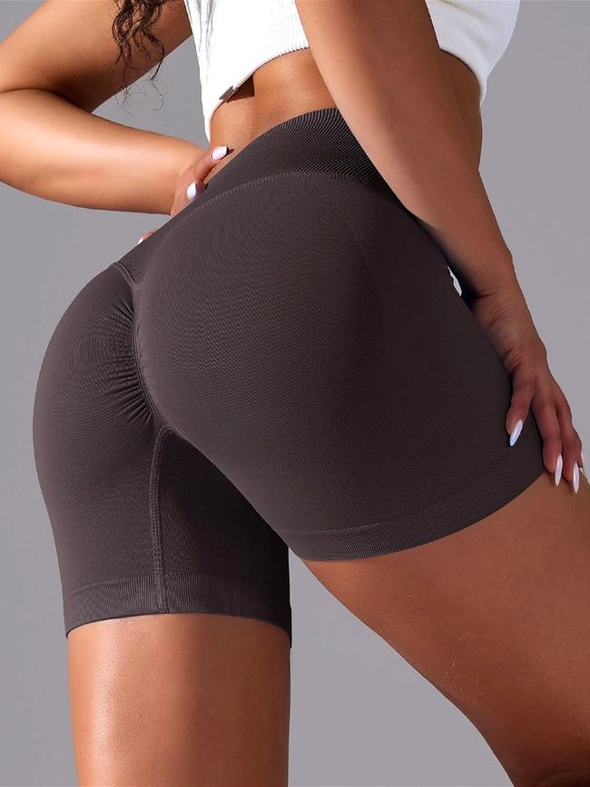 Women's seamless sports shorts with push-up for fitness with V-belt, V-shape, (brown), S