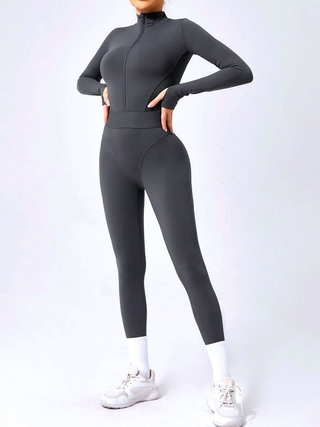 Damski sportowy kombinezon fitness z imitacją bielizny, długim rękawem i legginsami, Phantom Luxe, (szary), S