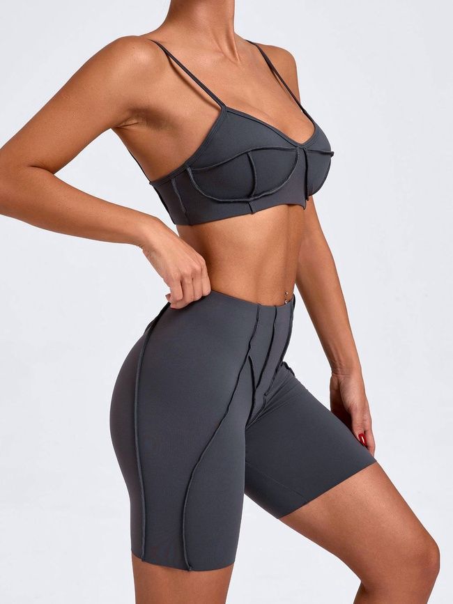 Women&rsquo;s two-piece fitness set with external seams, top and shorts, Sculpt Muse, (dark gray), S